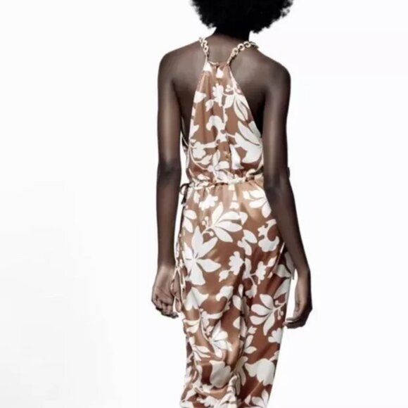 Zara NWT Brown White Floral Printed Jumpsuit Floral Satin With Neck Chains - Picture 11 of 11
